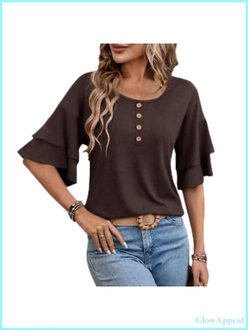Women's Double Ruffle Blouse Curved Hem Button Front Lightweight Top